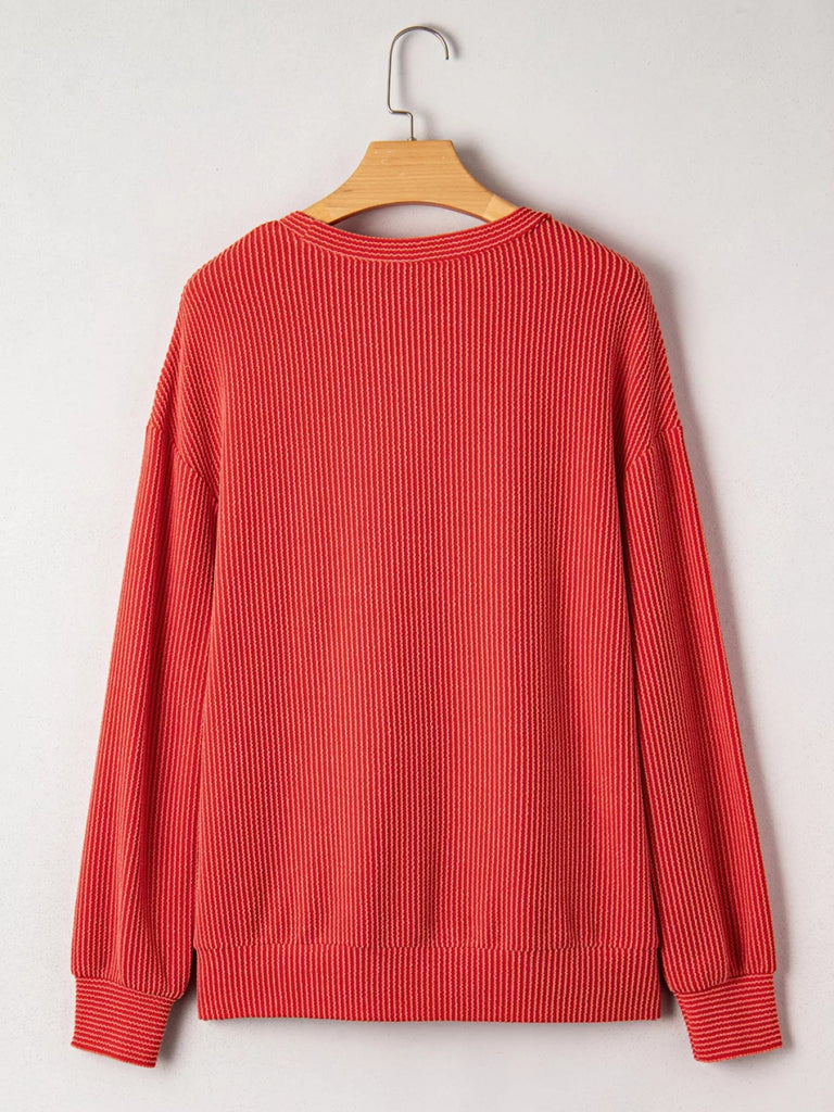 Merry Twisted Rib Christmas Loose Long Sleeve Top - Red by Trendsi from FREYA’S CLOSET