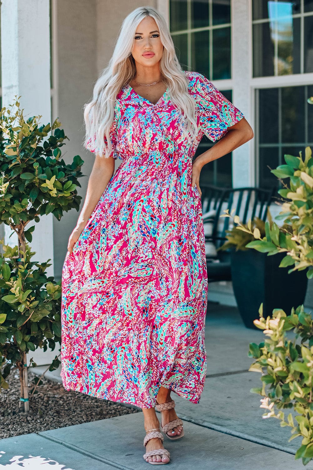 Trendsi Hot Pink / S Multicolored V-Neck Maxi Dress
