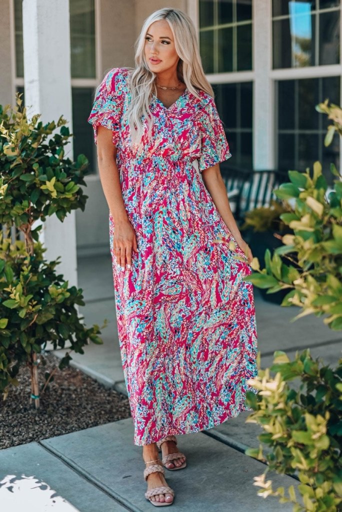 Multicolored V - Neck Maxi Dress - Hot Pink by Trendsi from FREYA’S CLOSET