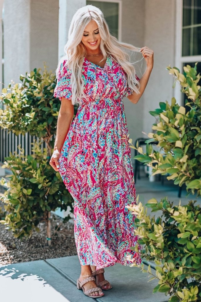 Multicolored V - Neck Maxi Dress - Hot Pink by Trendsi from FREYA’S CLOSET