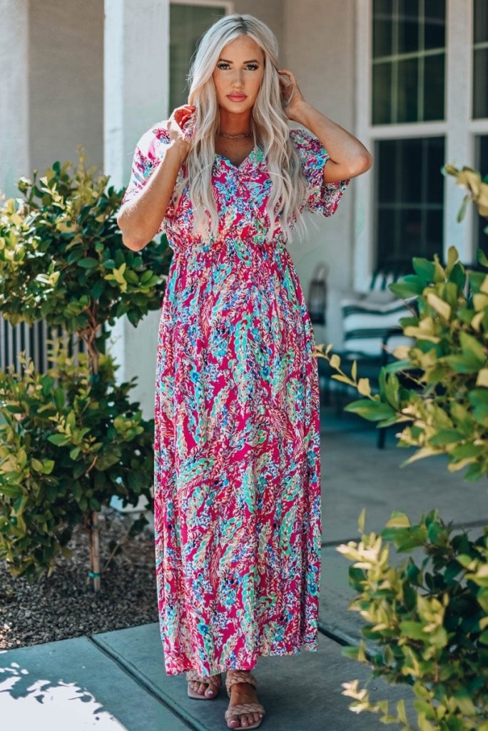 Multicolored V - Neck Maxi Dress - Hot Pink by Trendsi from FREYA’S CLOSET