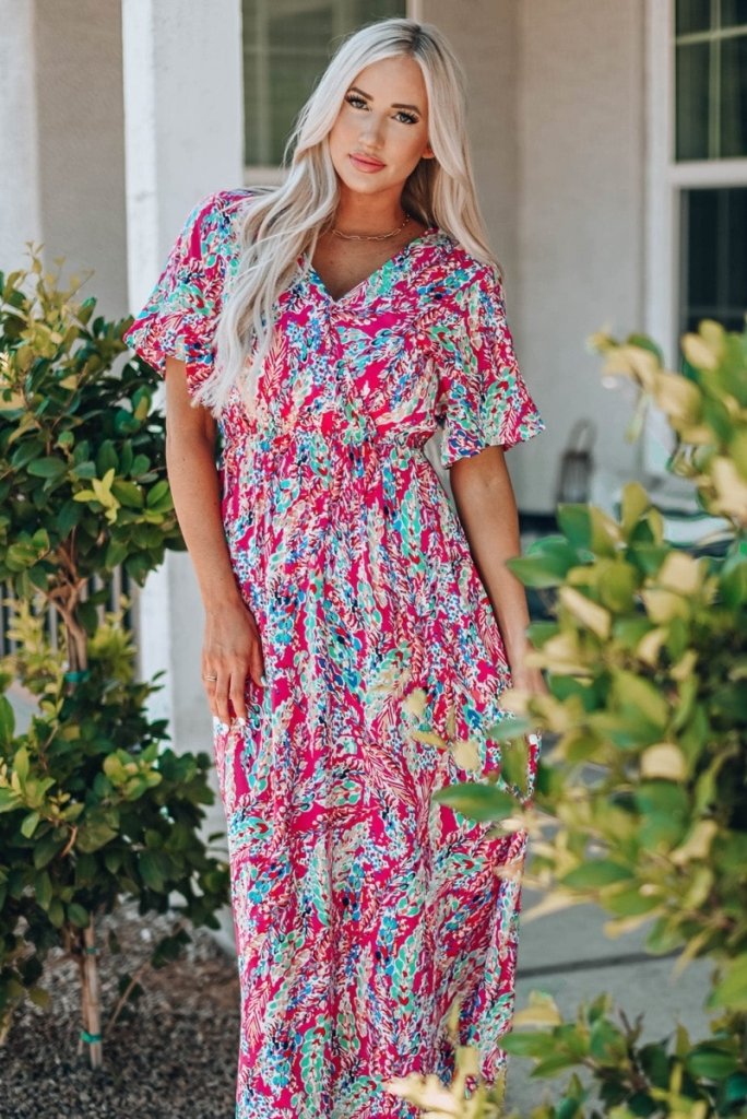 Multicolored V - Neck Maxi Dress - Hot Pink by Trendsi from FREYA’S CLOSET
