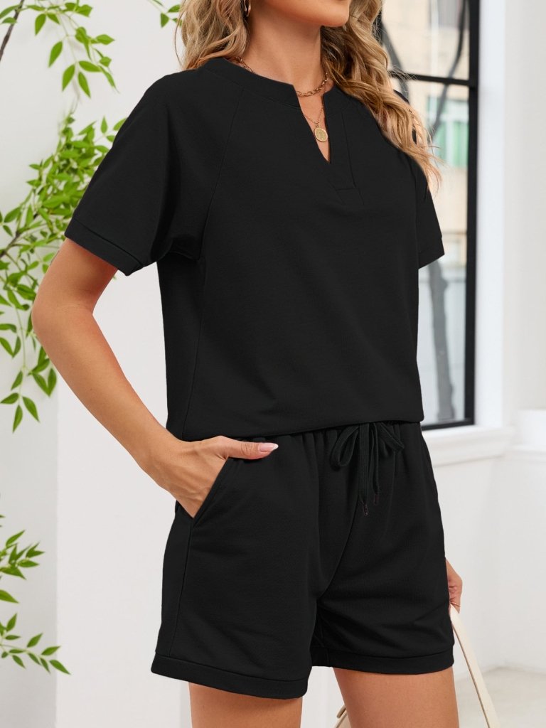 Notched Short Sleeve Top and Shorts Set - Black by Trendsi from FREYA’S CLOSET