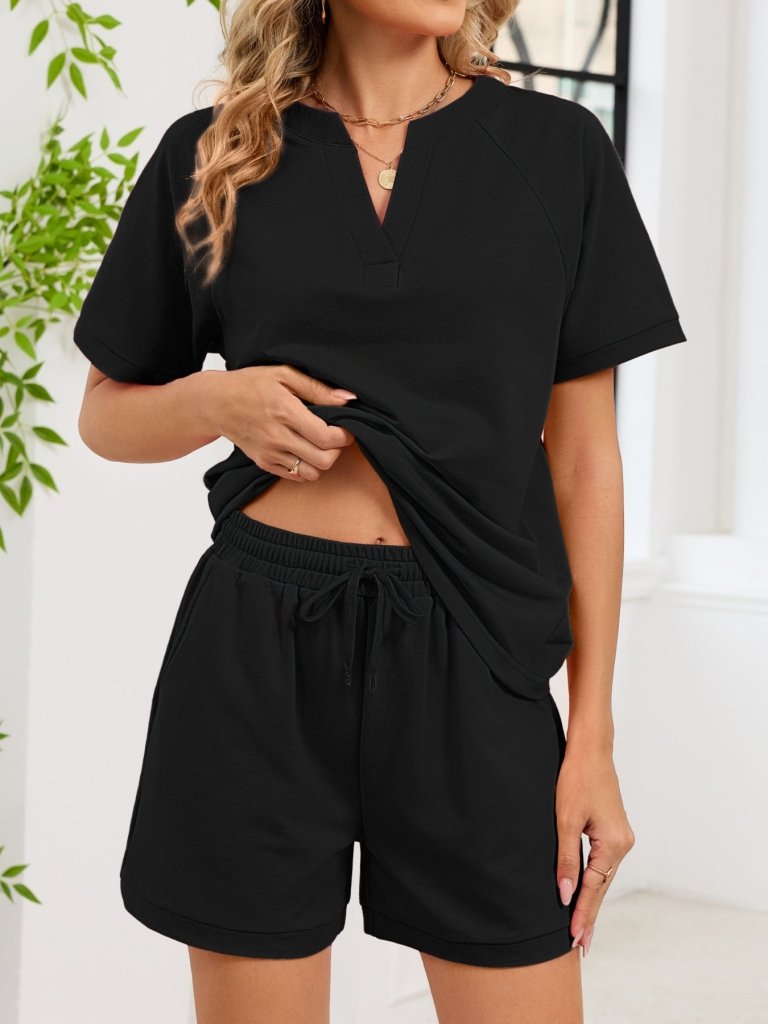 Notched Short Sleeve Top and Shorts Set - Black by Trendsi from FREYA’S CLOSET