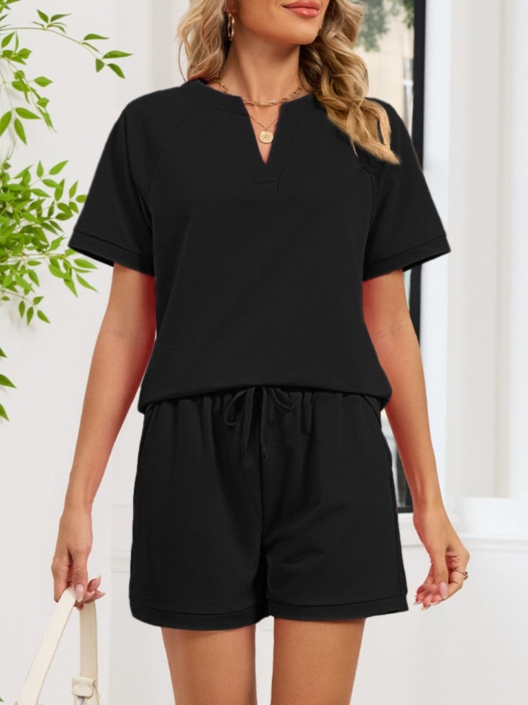 Notched Short Sleeve Top and Shorts Set - Black by Trendsi from FREYA’S CLOSET