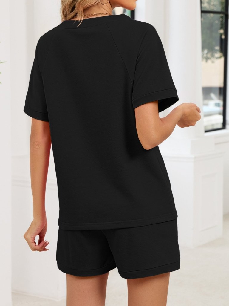 Notched Short Sleeve Top and Shorts Set - Black by Trendsi from FREYA’S CLOSET