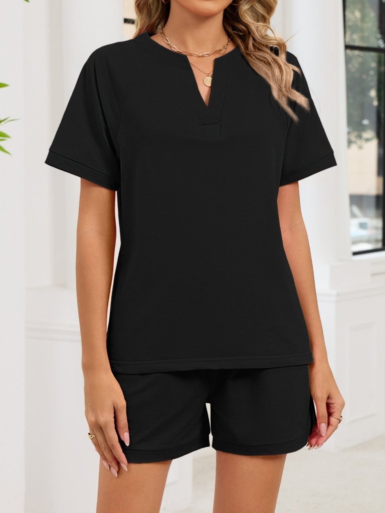 Notched Short Sleeve Top and Shorts Set - Black by Trendsi from FREYA’S CLOSET