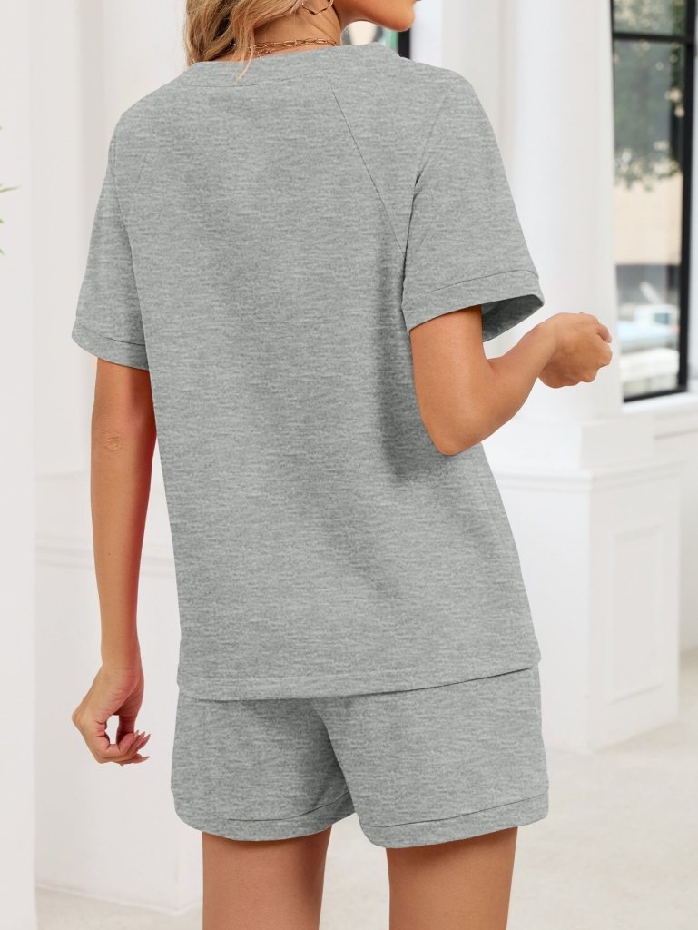 Notched Short Sleeve Top and Shorts Set - Gray by Trendsi from FREYA’S CLOSET