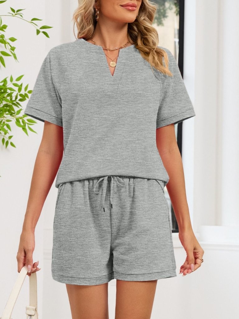 Notched Short Sleeve Top and Shorts Set - Gray by Trendsi from FREYA’S CLOSET
