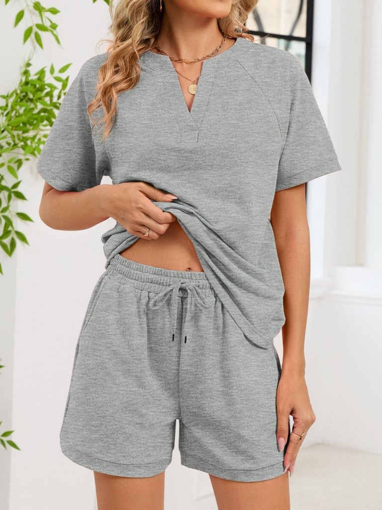 Notched Short Sleeve Top and Shorts Set - Gray by Trendsi from FREYA’S CLOSET