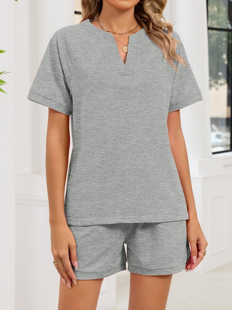Notched Short Sleeve Top and Shorts Set - Gray by Trendsi from FREYA’S CLOSET