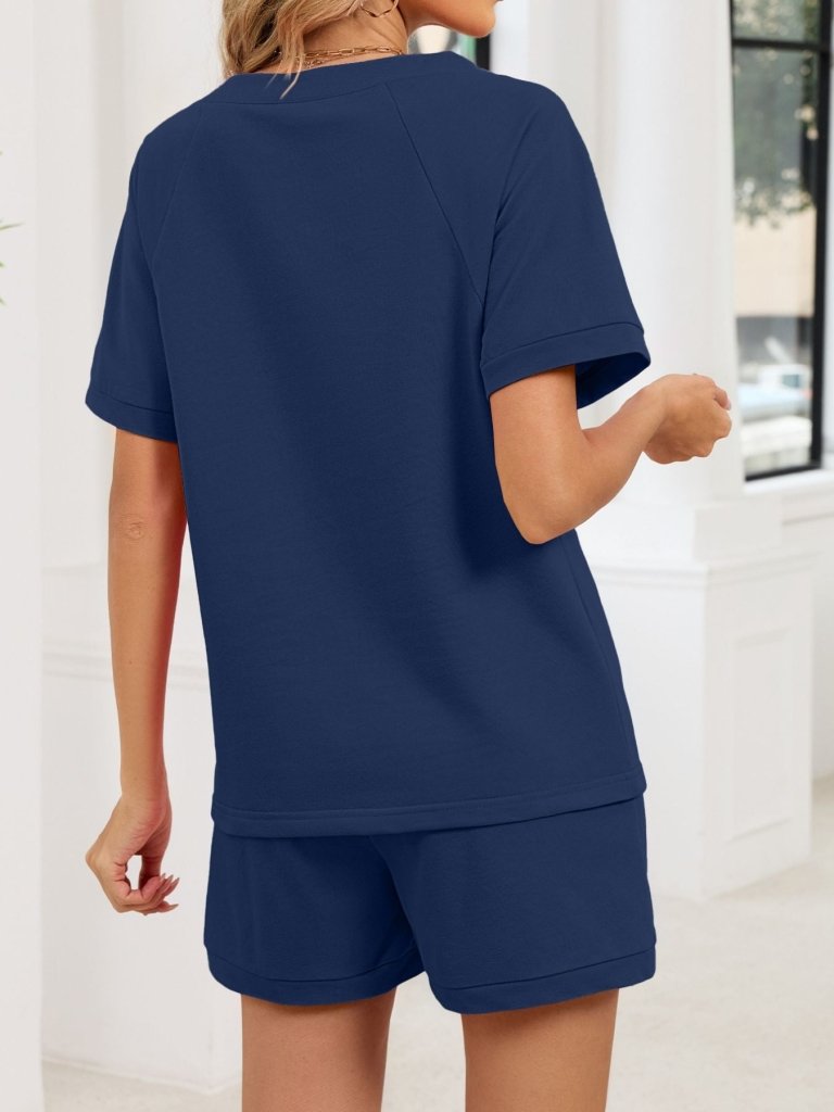 Notched Short Sleeve Top and Shorts Set - Navy Blue by Trendsi from FREYA’S CLOSET