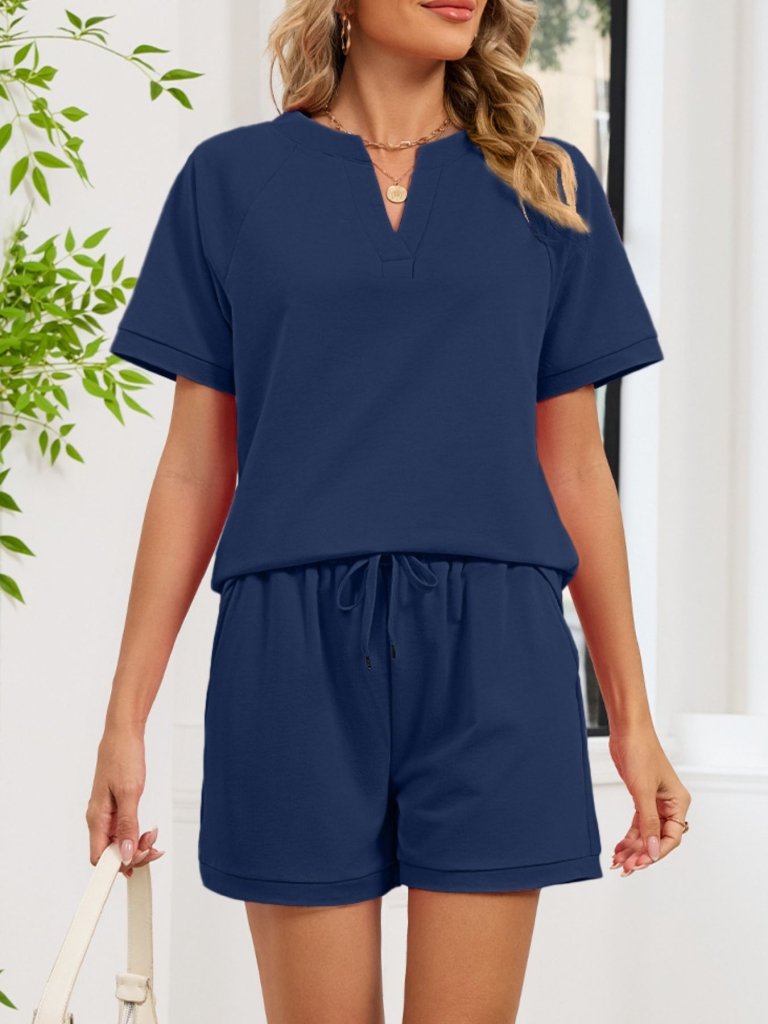 Notched Short Sleeve Top and Shorts Set - Navy Blue by Trendsi from FREYA’S CLOSET