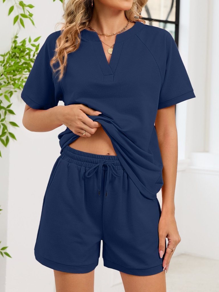 Notched Short Sleeve Top and Shorts Set - Navy Blue by Trendsi from FREYA’S CLOSET
