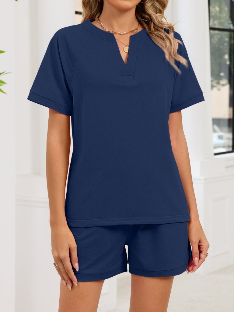 Notched Short Sleeve Top and Shorts Set - Navy Blue by Trendsi from FREYA’S CLOSET