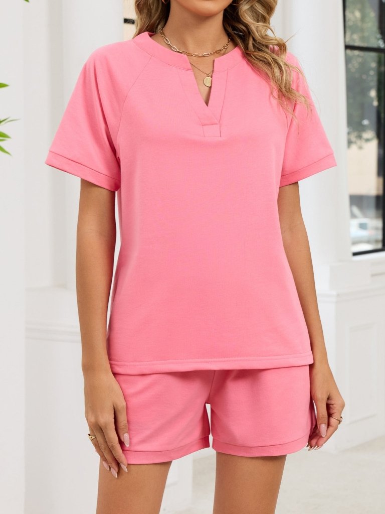 Notched Short Sleeve Top and Shorts Set - Pink by Trendsi from FREYA’S CLOSET