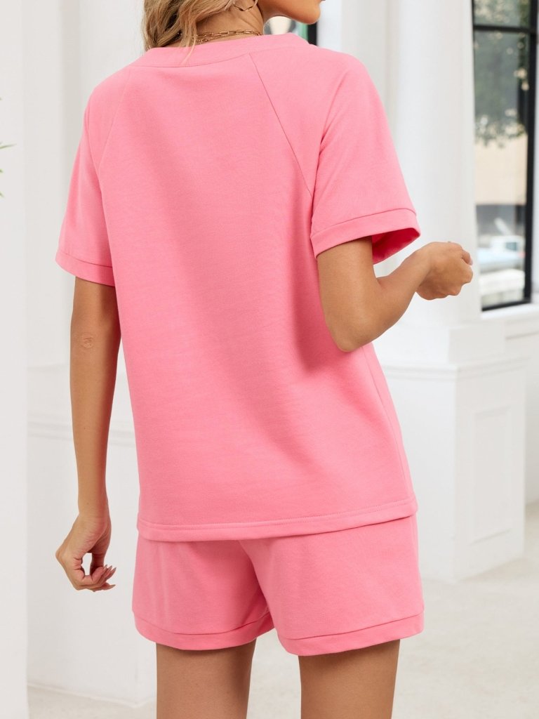 Notched Short Sleeve Top and Shorts Set - Pink by Trendsi from FREYA’S CLOSET