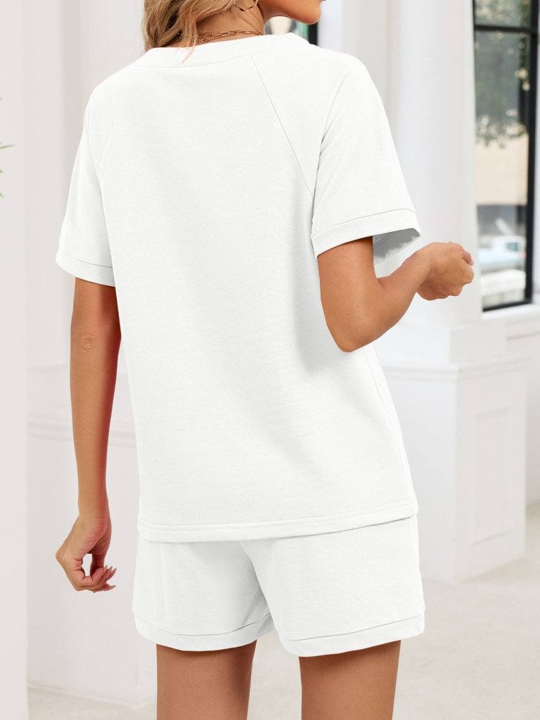 Notched Short Sleeve Top and Shorts Set - White by Trendsi from FREYA’S CLOSET