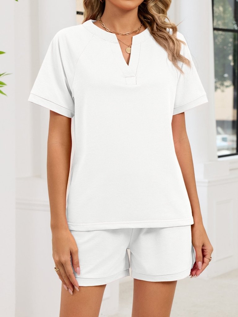 Notched Short Sleeve Top and Shorts Set - White by Trendsi from FREYA’S CLOSET