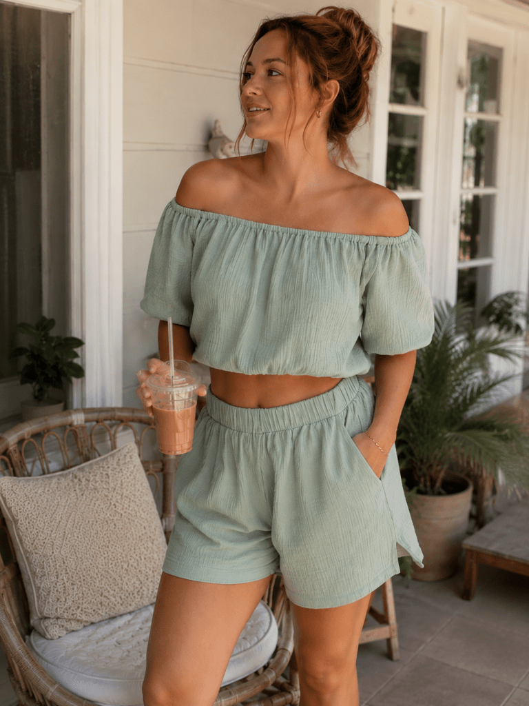 Off-Shoulder Cropped Top and Shorts Set - Green by Trendsi from FREYA’S CLOSET