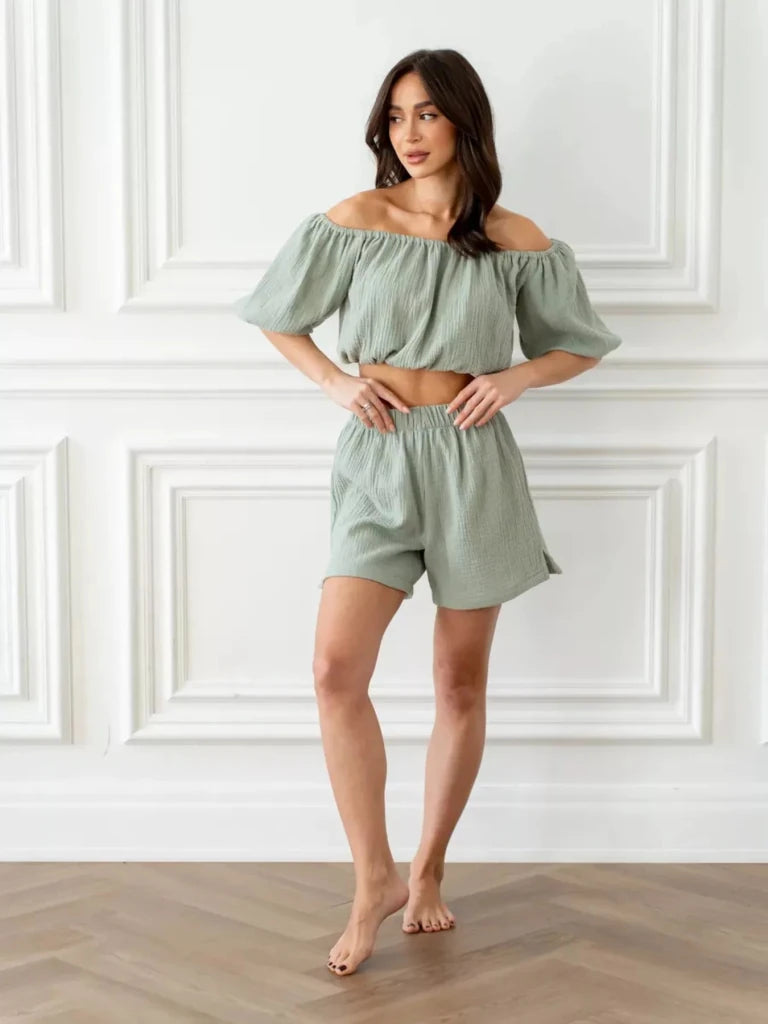 Off - Shoulder Cropped Top and Shorts Set - Green by Trendsi from FREYA’S CLOSET