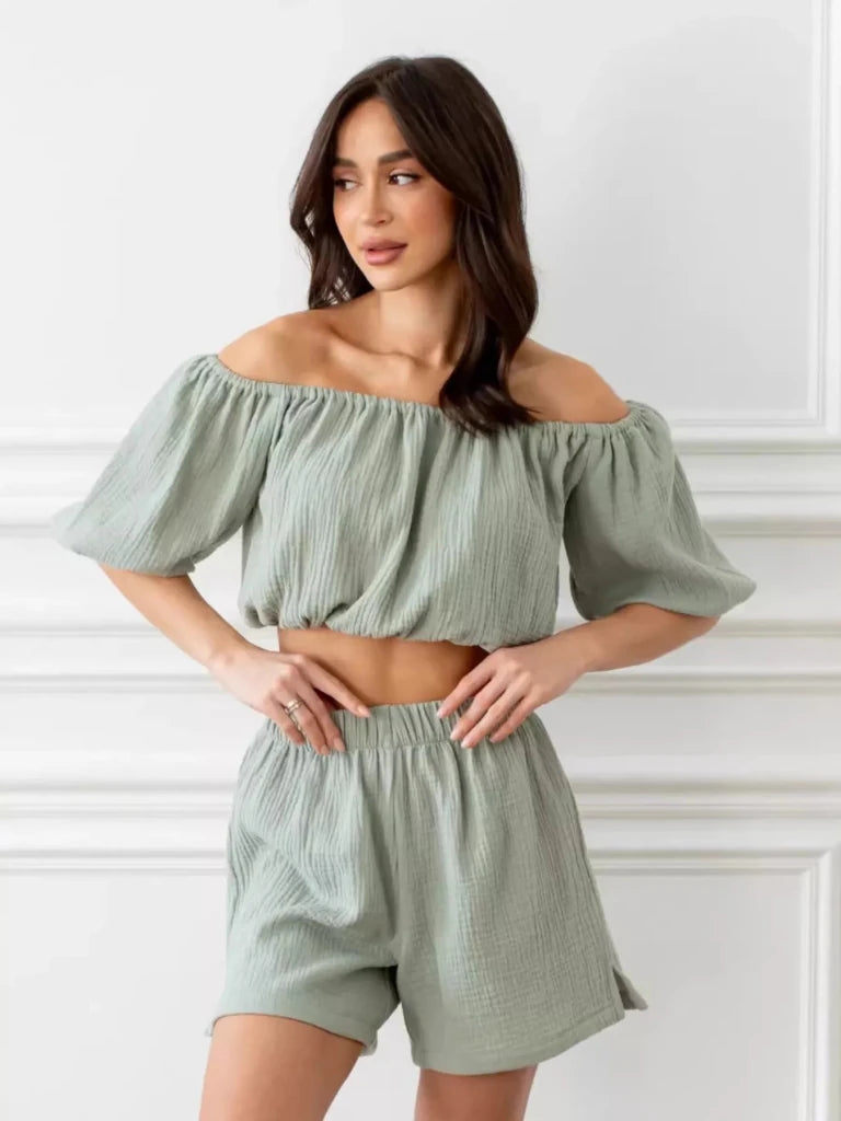 Off - Shoulder Cropped Top and Shorts Set - Green by Trendsi from FREYA’S CLOSET