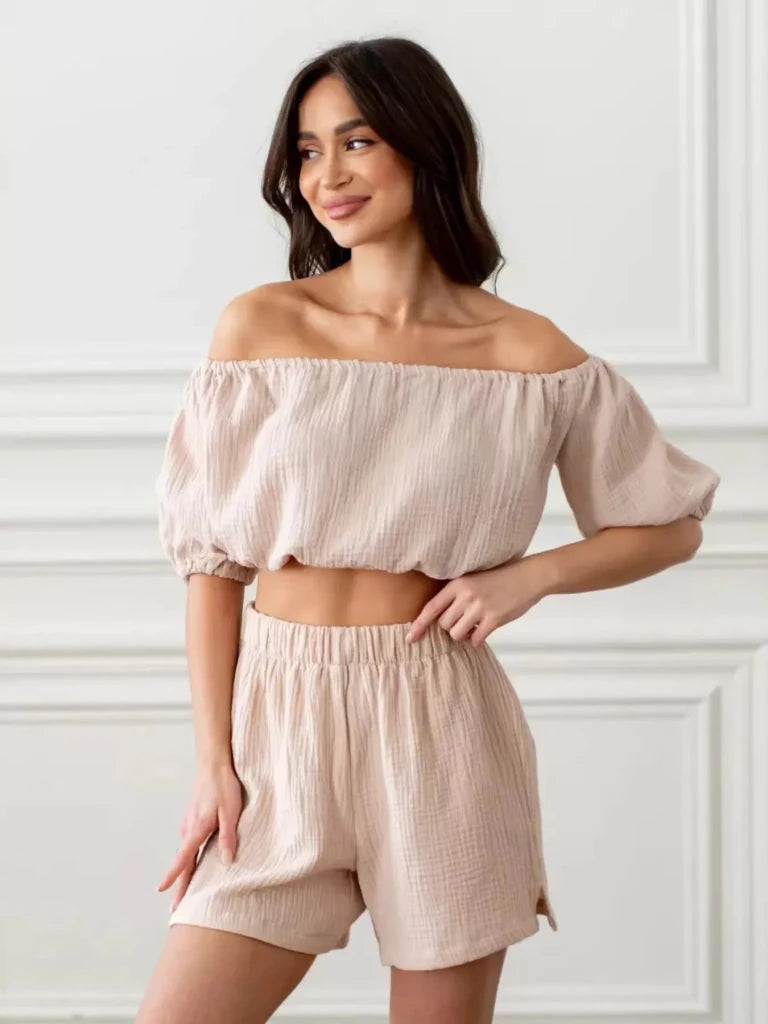 Off - Shoulder Cropped Top and Shorts Set - Khaki by Trendsi from FREYA’S CLOSET