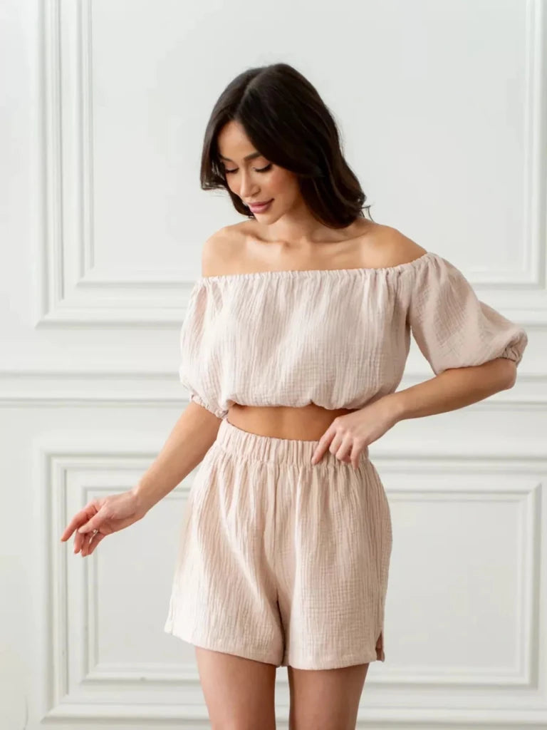 Off - Shoulder Cropped Top and Shorts Set - Khaki by Trendsi from FREYA’S CLOSET