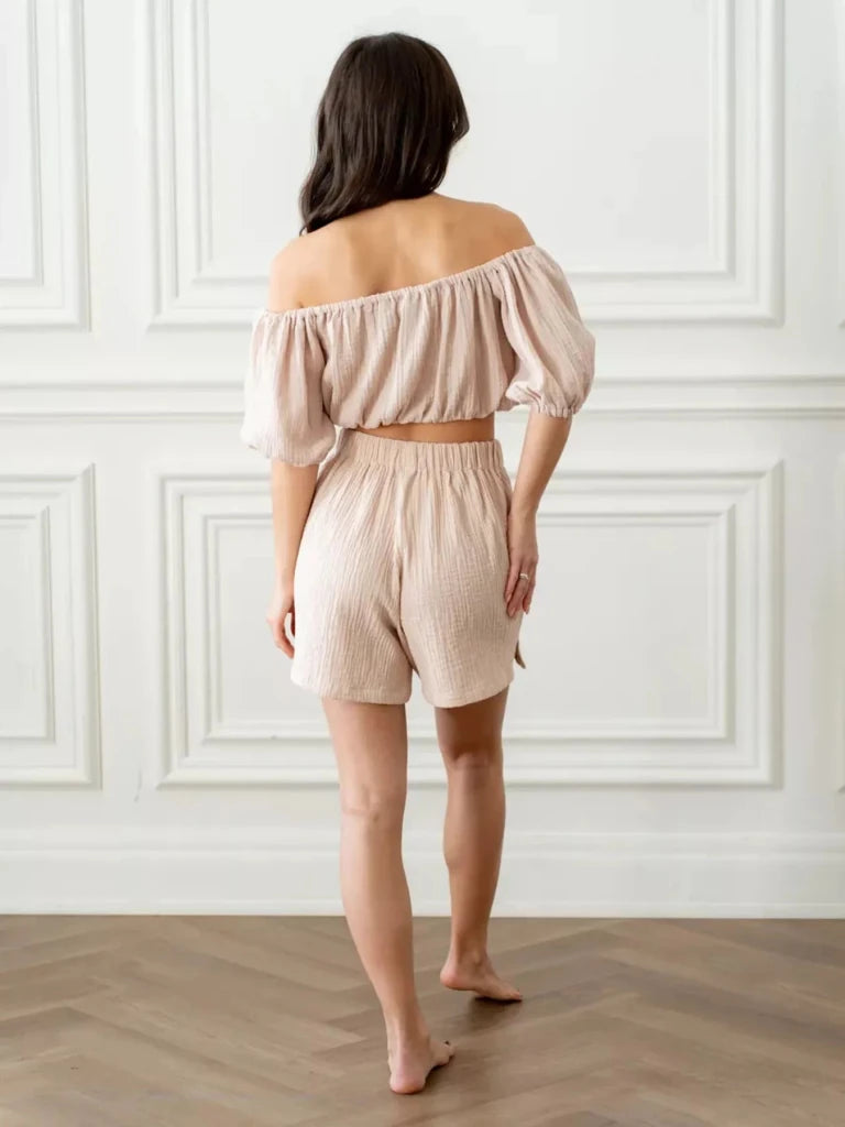 Off - Shoulder Cropped Top and Shorts Set - Khaki by Trendsi from FREYA’S CLOSET