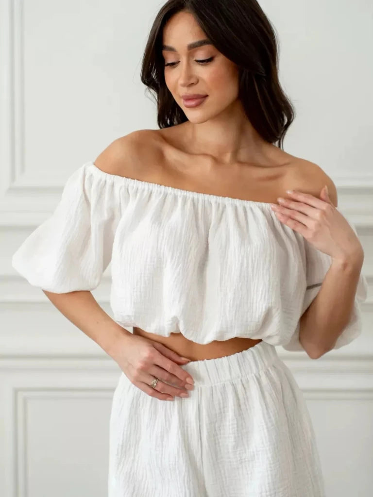 Off - Shoulder Cropped Top and Shorts Set - White by Trendsi from FREYA’S CLOSET