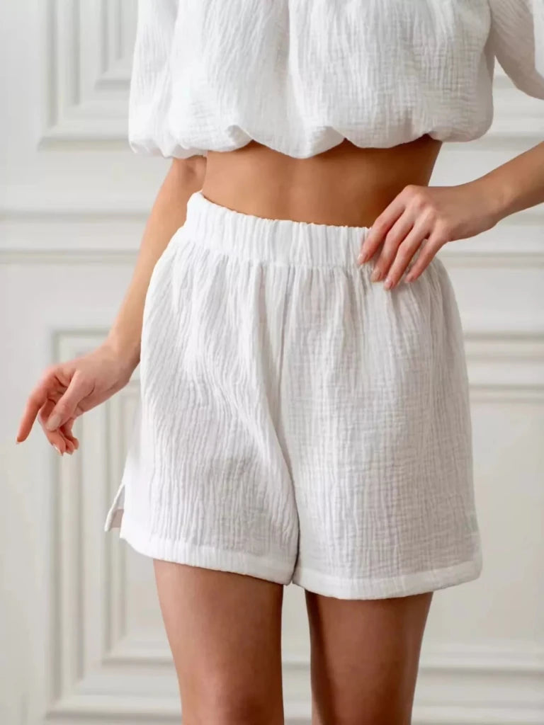 Off - Shoulder Cropped Top and Shorts Set - White by Trendsi from FREYA’S CLOSET