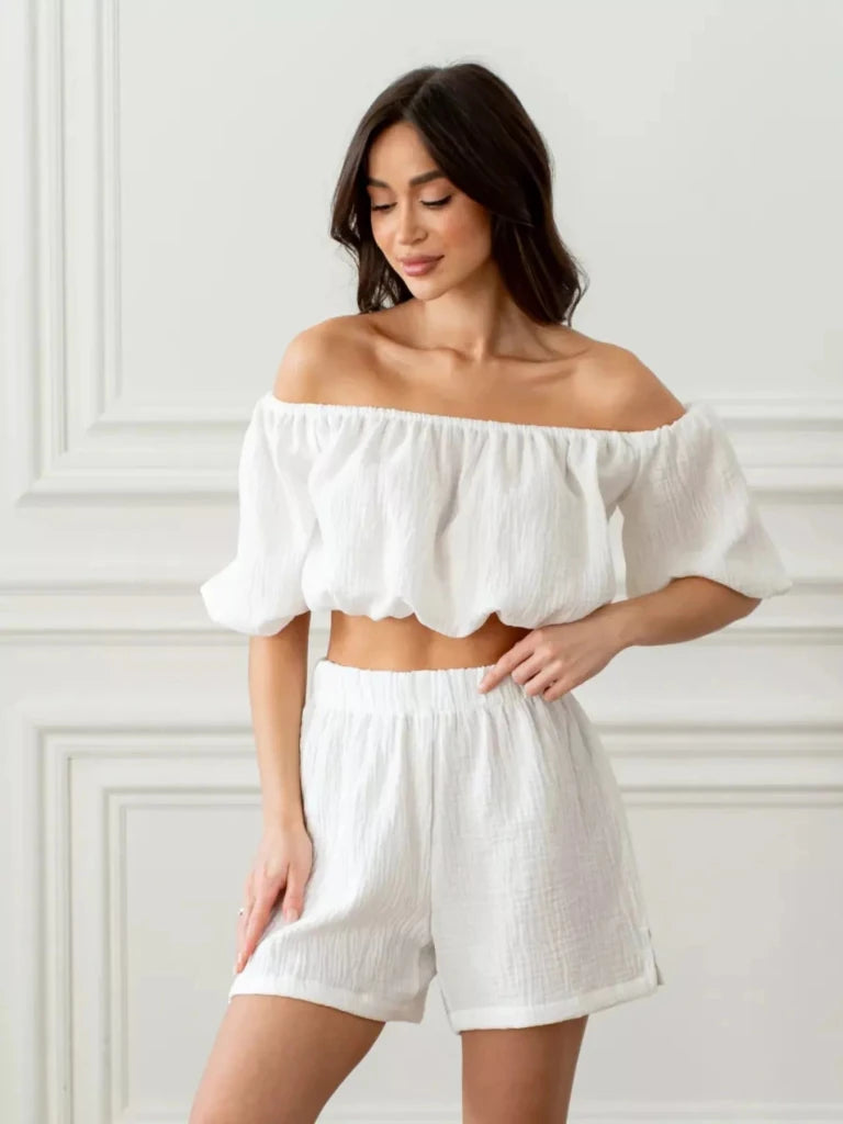 Off - Shoulder Cropped Top and Shorts Set - White by Trendsi from FREYA’S CLOSET