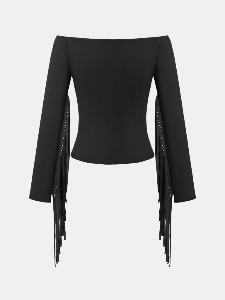 Off - Shoulder Fringe Sleeve T-Shirt - Black by Trendsi from FREYA’S CLOSET