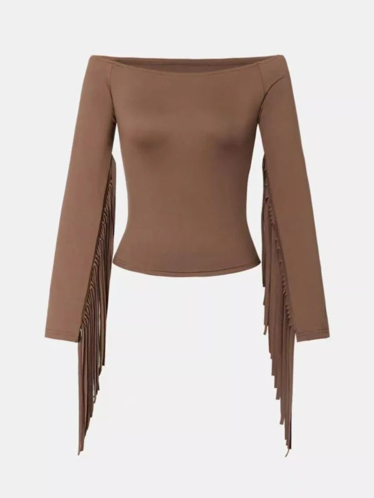 Off - Shoulder Fringe Sleeve T-Shirt - Black by Trendsi from FREYA’S CLOSET