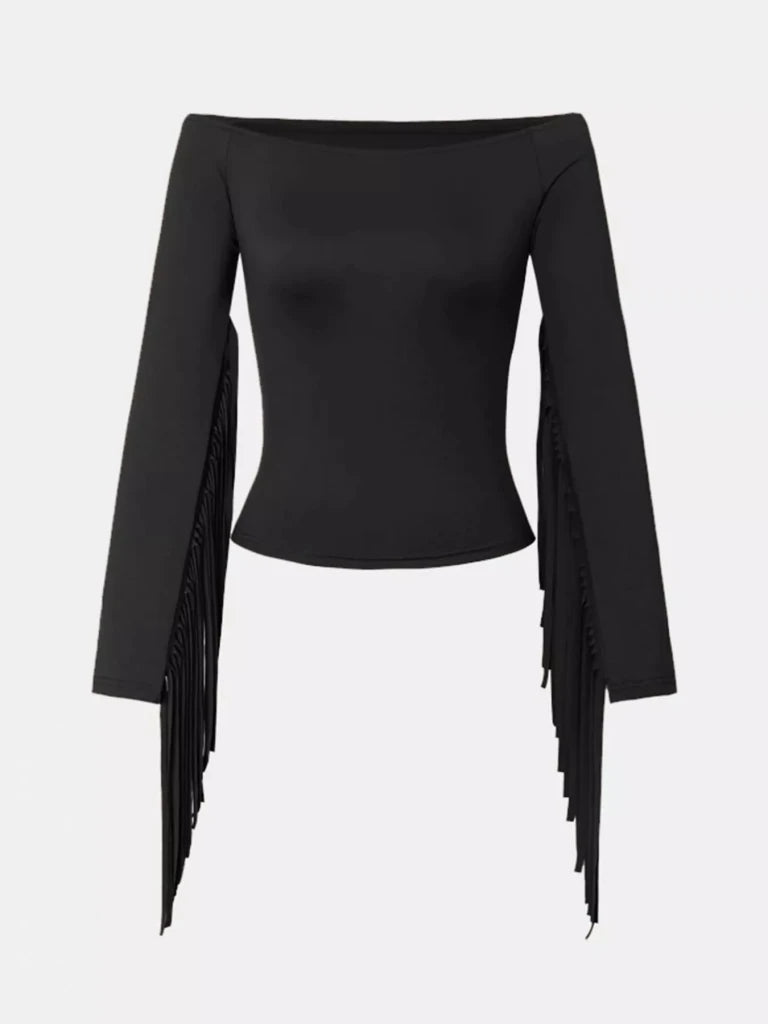 Off - Shoulder Fringe Sleeve T-Shirt - Light Brown by Trendsi from FREYA’S CLOSET
