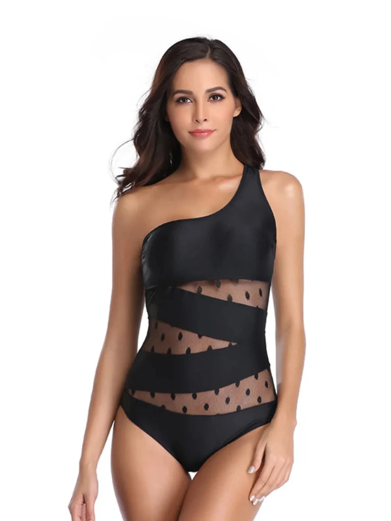 One Shoulder Polka Dot One - Piece Swimwear - Black by Trendsi from FREYA’S CLOSET
