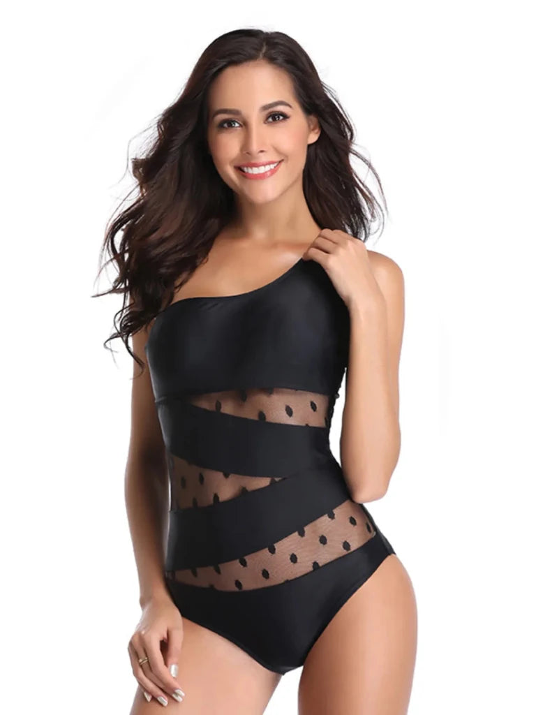 One Shoulder Polka Dot One - Piece Swimwear - Black by Trendsi from FREYA’S CLOSET
