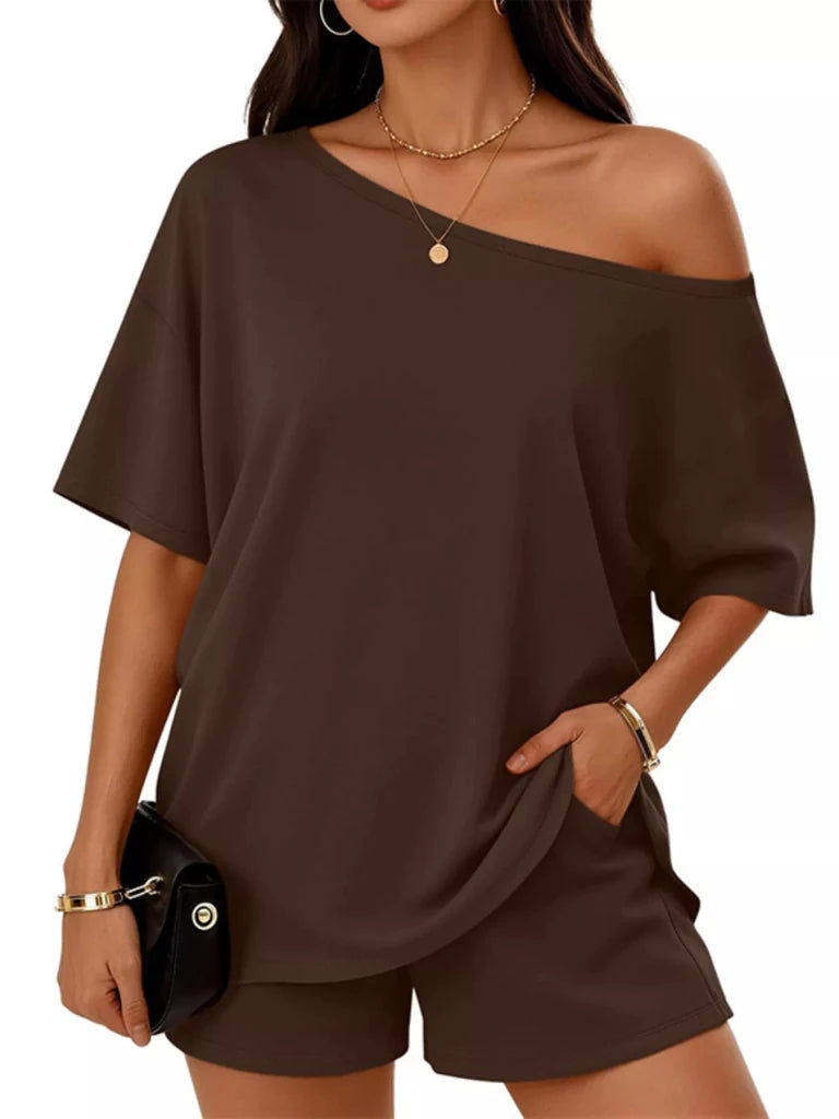 One-shoulder short sleeve top and shorts set, alternate product image