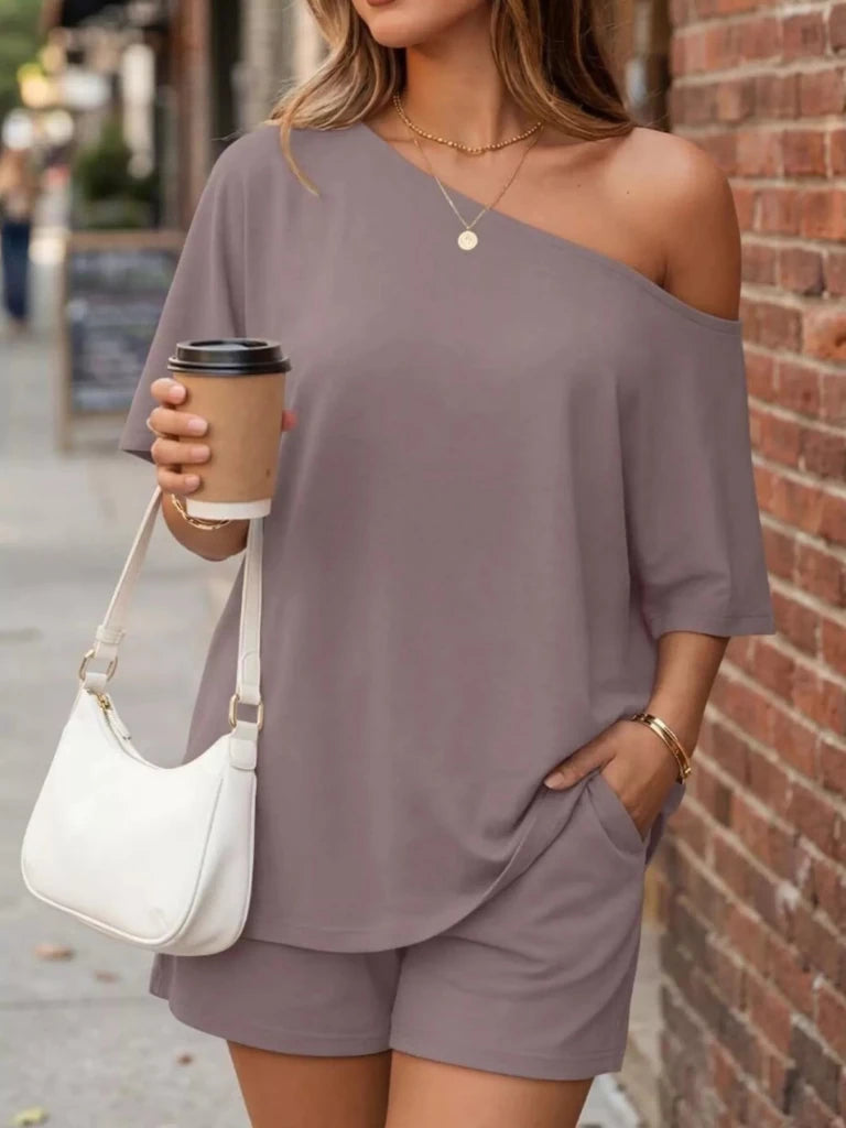 One-shoulder short sleeve top and shorts set, alternate product image