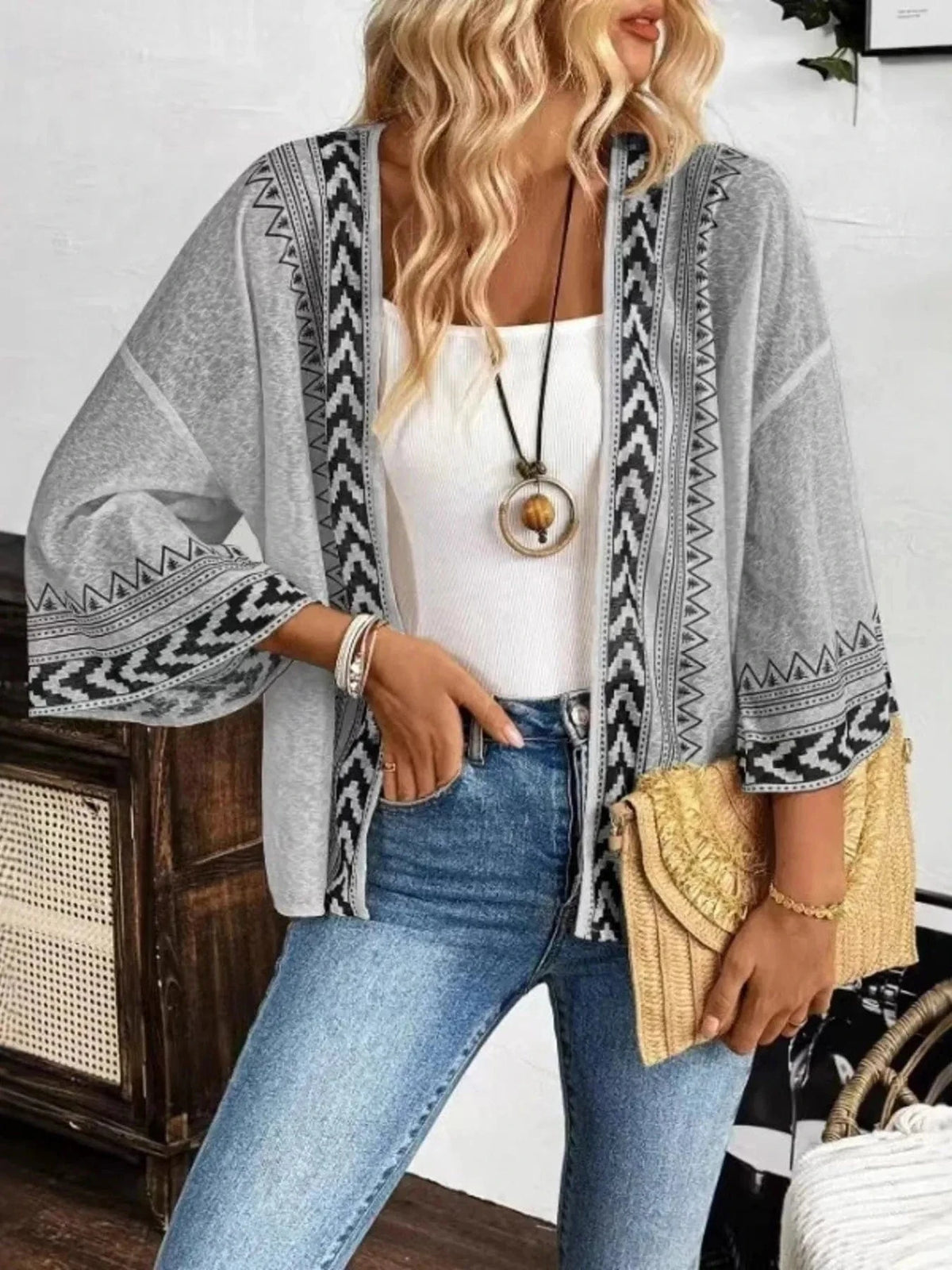 Trendsi Light Gray / S Open Front Kimono Cardigan