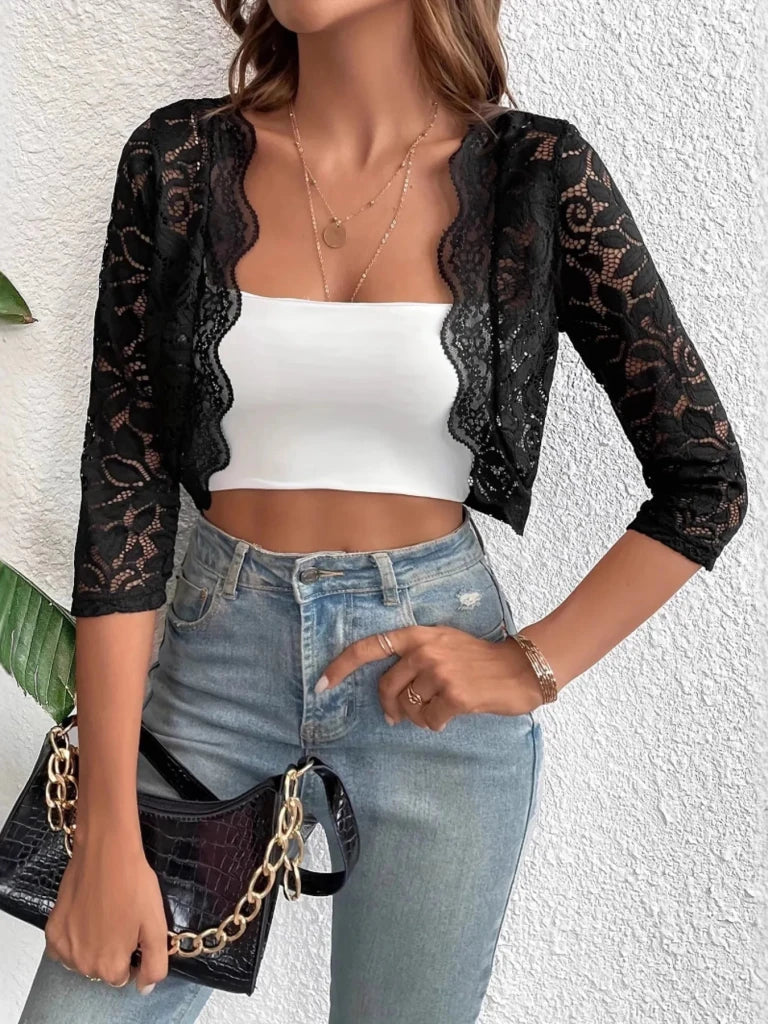 Open Front Lace Cardigan - Black by Trendsi from FREYA’S CLOSET
