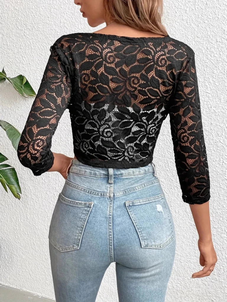 Open Front Lace Cardigan - Black by Trendsi from FREYA’S CLOSET