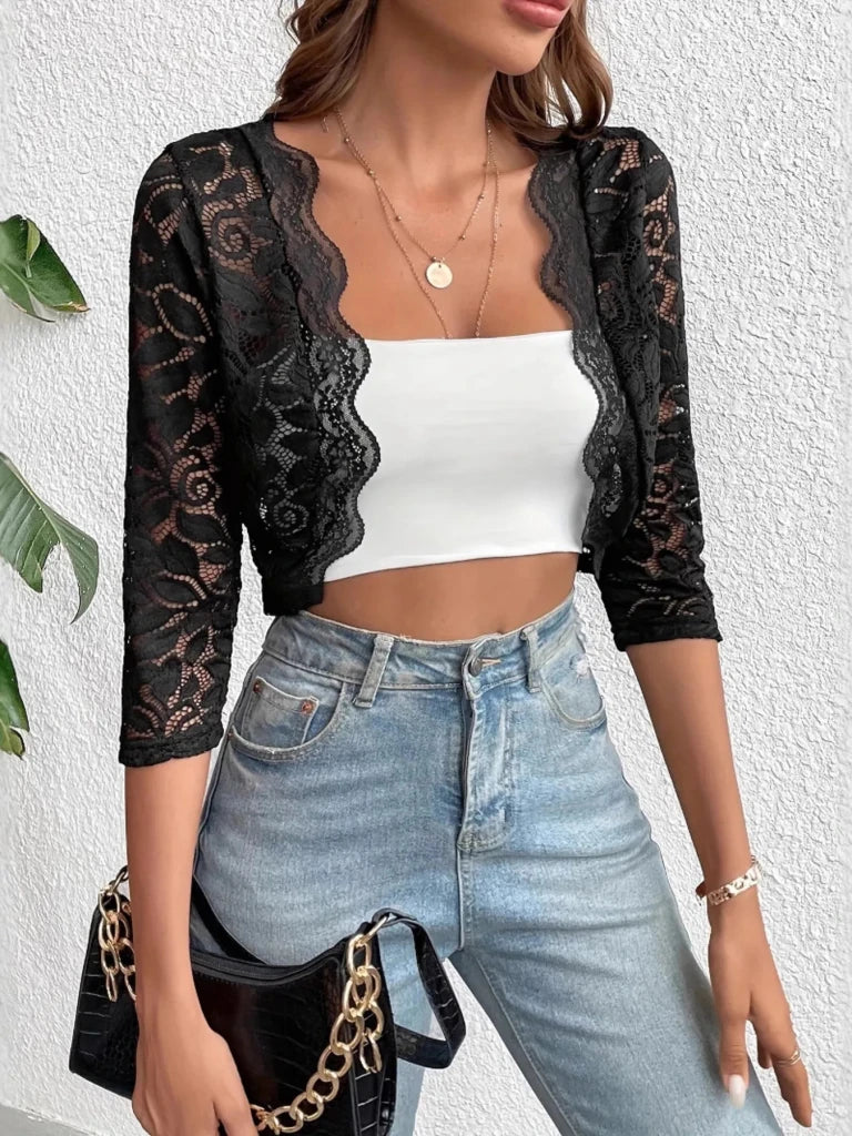 Open Front Lace Cardigan - Black by Trendsi from FREYA’S CLOSET