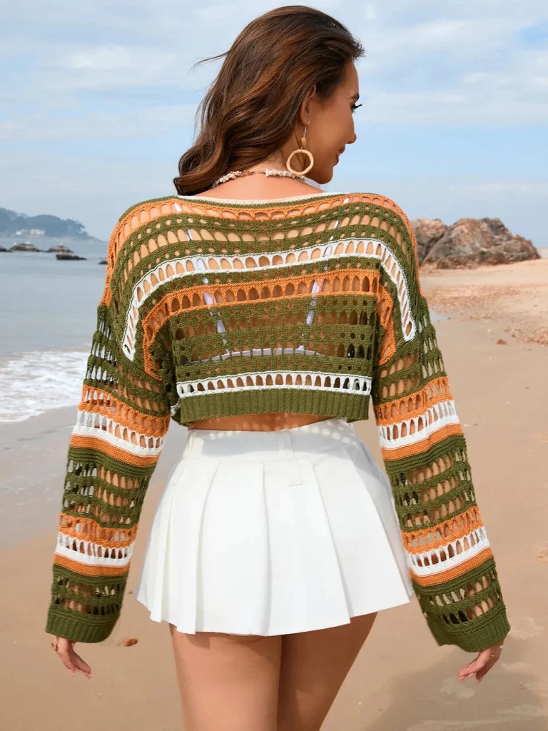 Openwork Boat Neck Dropped Shoulder Cover - Up - Matcha Green by Trendsi from FREYA’S CLOSET