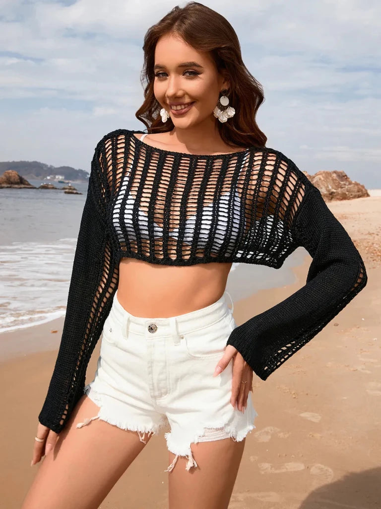 Openwork Boat Neck Long Sleeve Cover - Up - Black by Trendsi from FREYA’S CLOSET