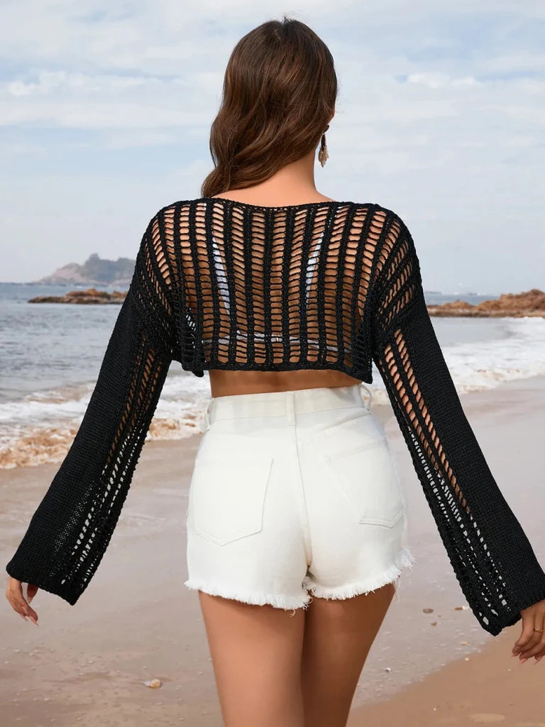 Openwork Boat Neck Long Sleeve Cover - Up - Black by Trendsi from FREYA’S CLOSET