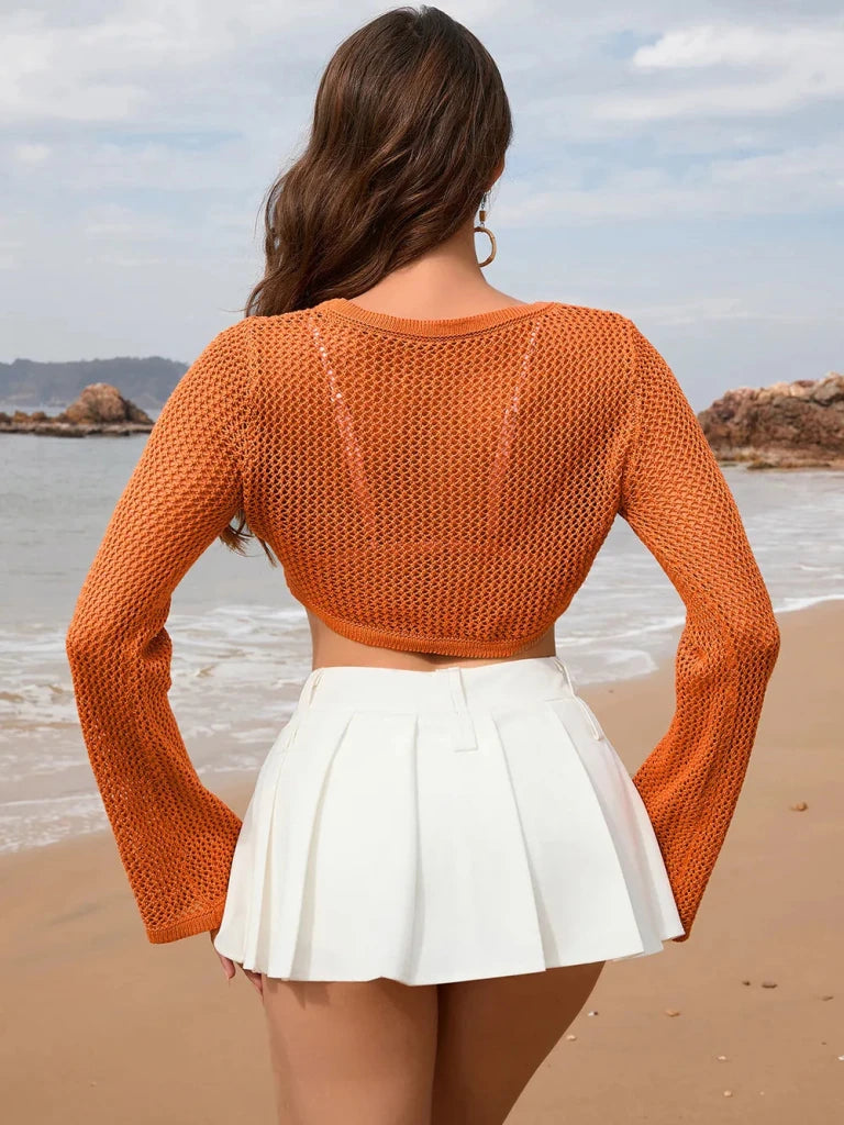 Openwork Long Sleeve Cover - Up - Caramel by Trendsi from FREYA’S CLOSET