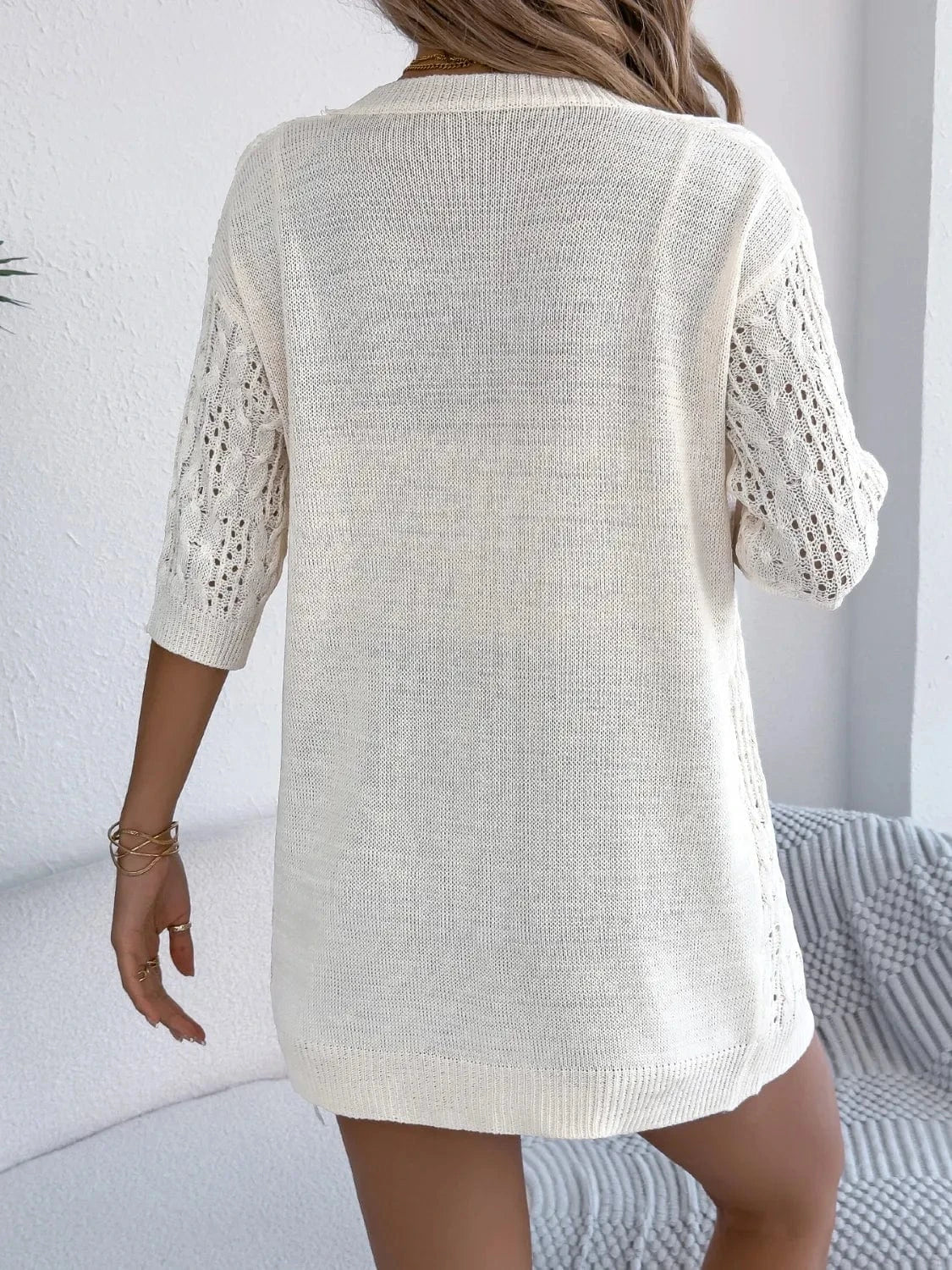 Trendsi Openwork Open Front Half Sleeve Cardigan