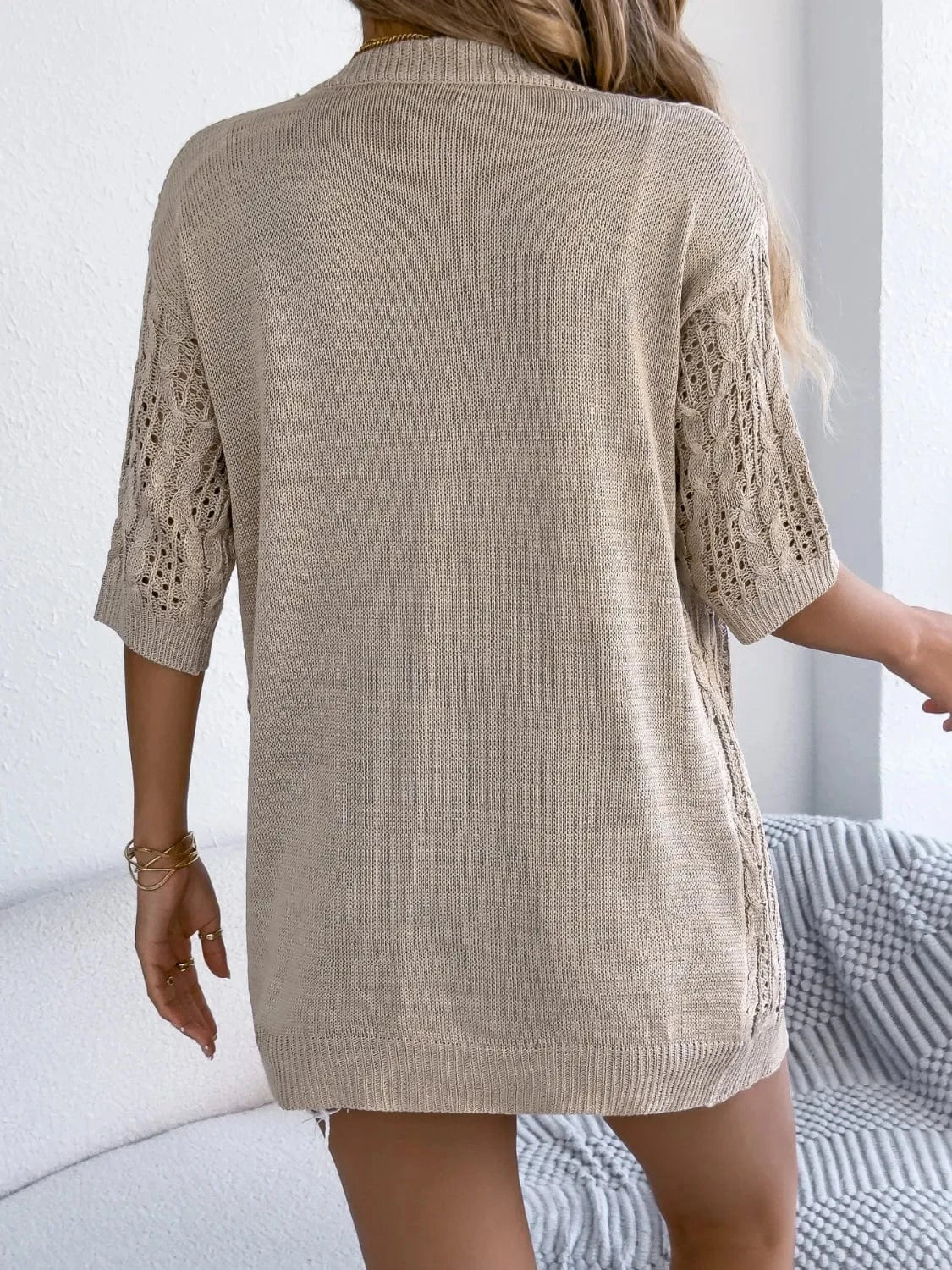Trendsi Openwork Open Front Half Sleeve Cardigan