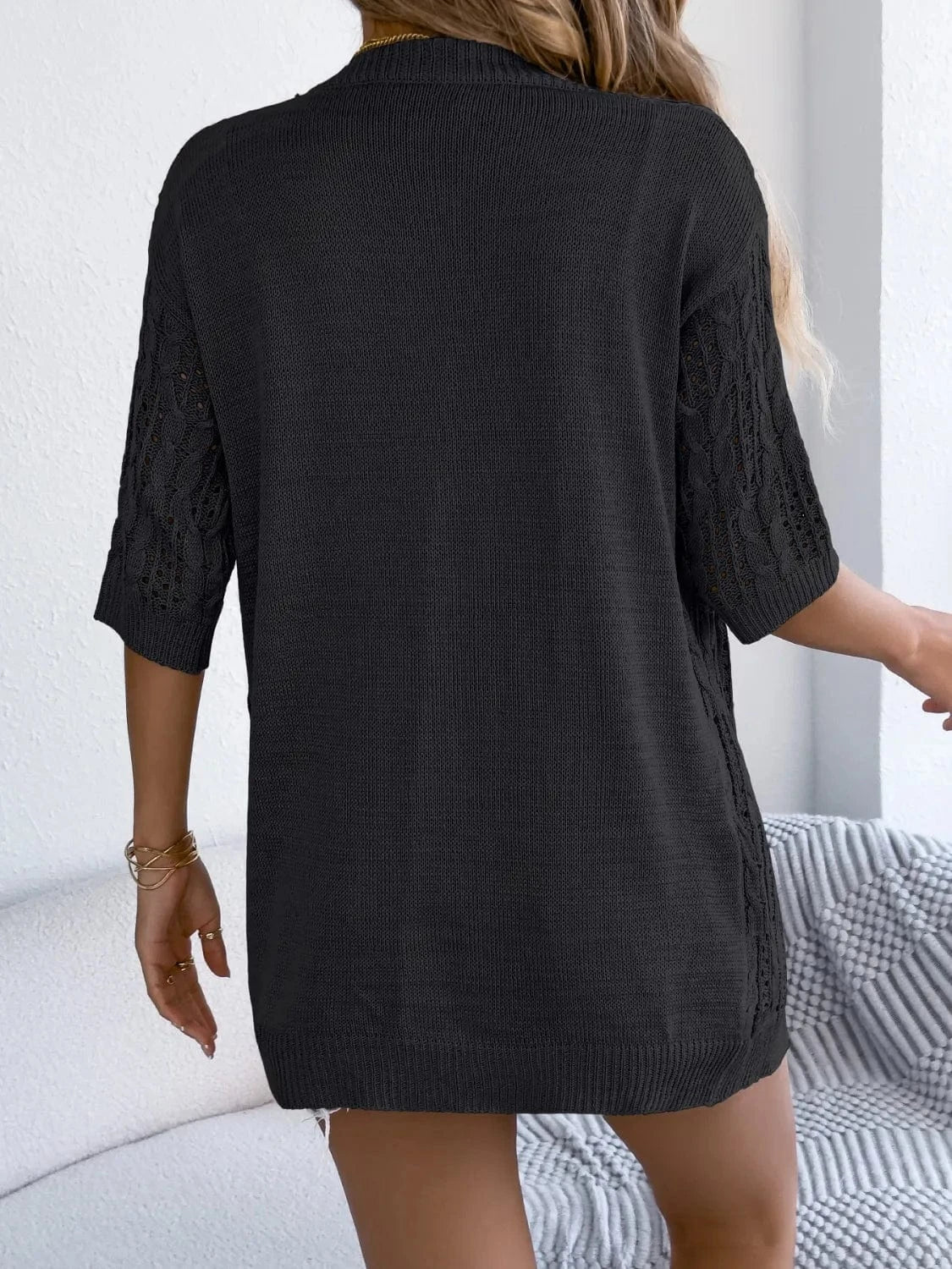 Trendsi Openwork Open Front Half Sleeve Cardigan